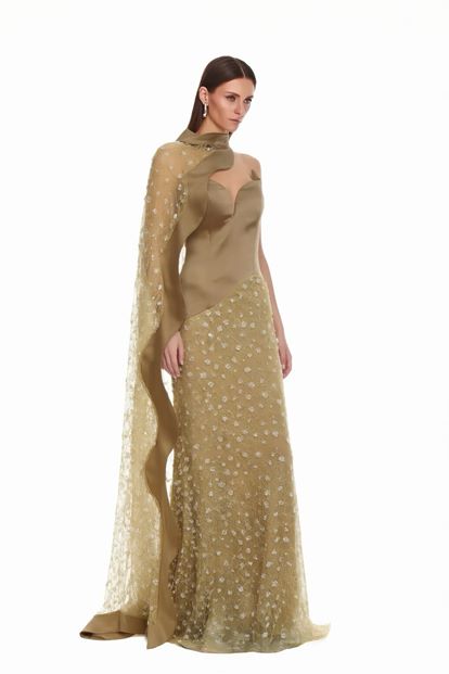 Vizon Tül Pelerin ve Taş İşlemeli Abiye Elbise